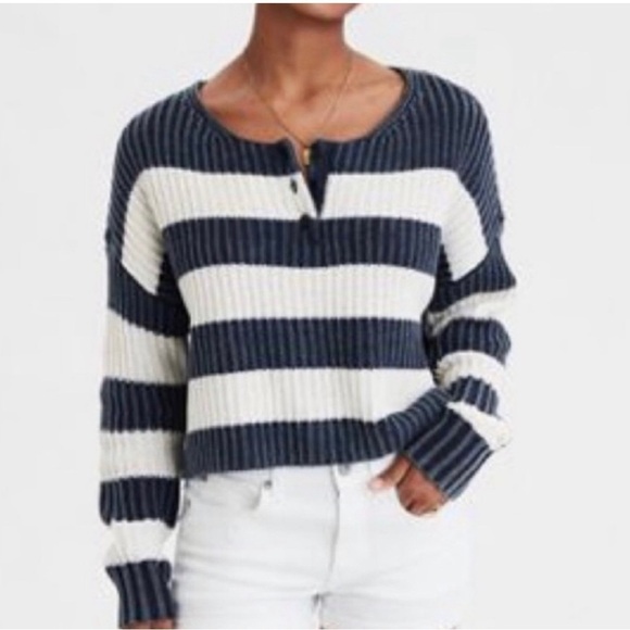 American Eagle Outfitters Sweaters - American Eagle Blue Striped Cropped Oversized Henley Knit Sweater Women's Small